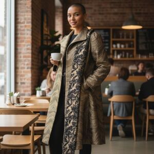 MAKING THE CUT Women's Standard Metallic Jaquard Coat & Scarf